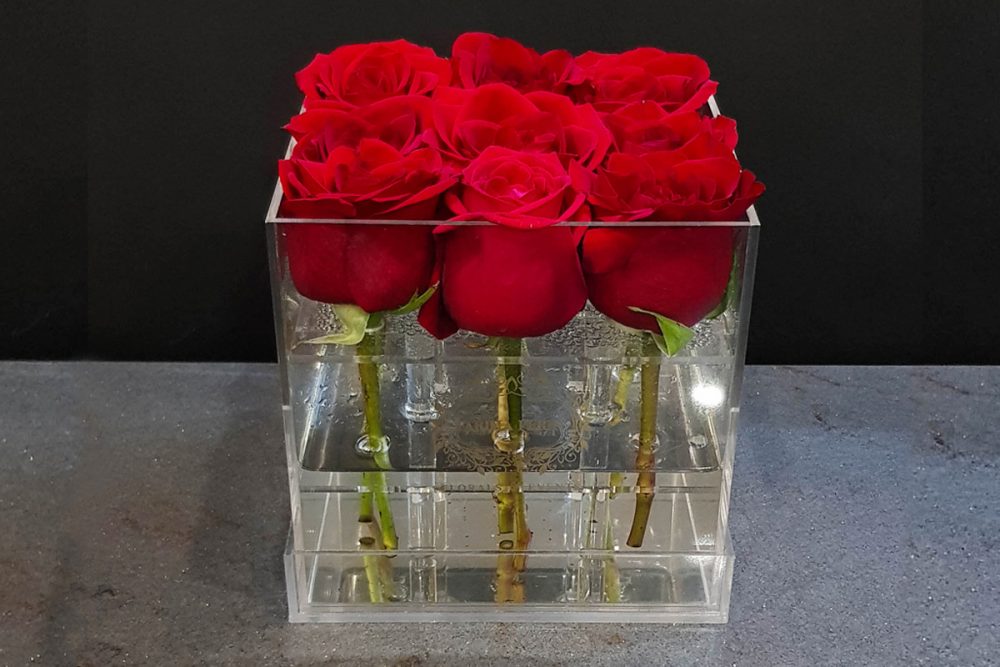 9 fresh red roses in Small Acrylic Clear Square Box