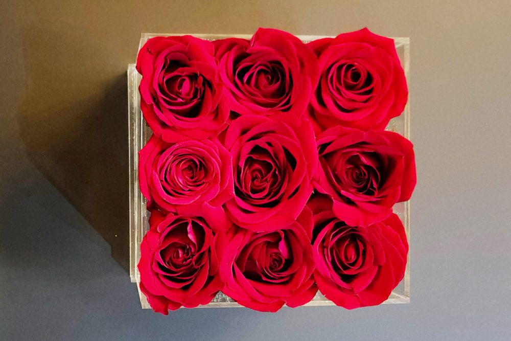 9 fresh red roses in Small Acrylic Clear Square Box