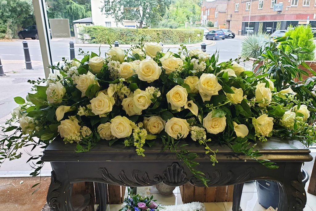 White Rose and Calla Lily Casket Spray Farima Perry Florals & Events